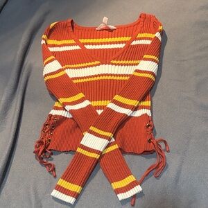 No Boundaries Red and Yellow V-Neck Sweater